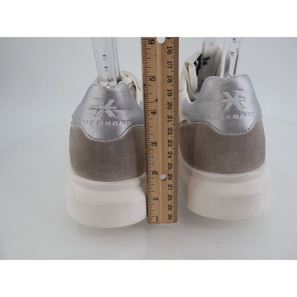 John Richmond Low Top Distressed Sneaker Size 41 10.5 White Tan Leather Lace Up